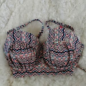 Adjustable tie back Aztec print metallic swim top